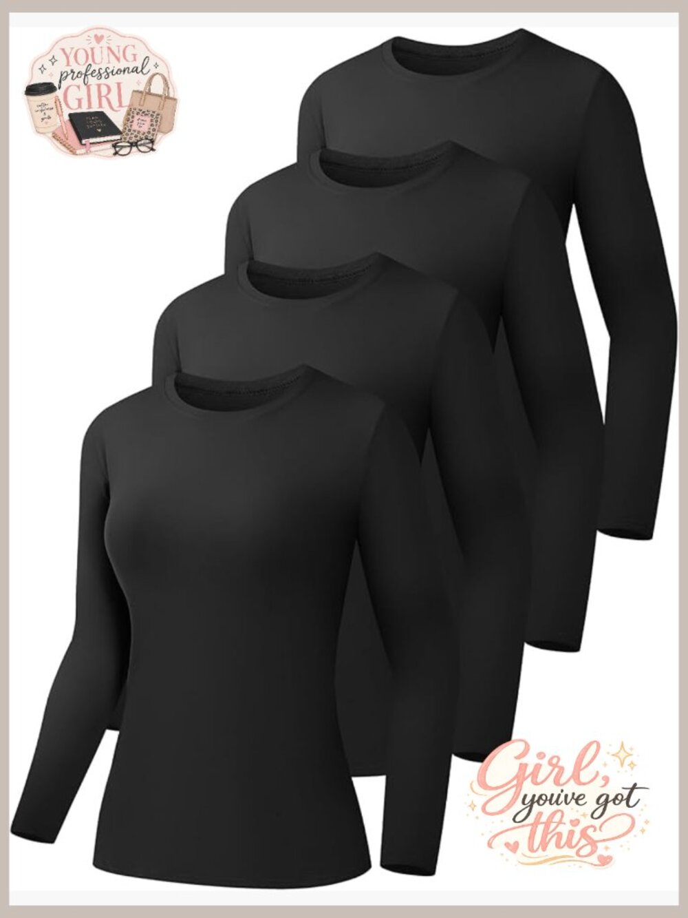 4 Pack Long Sleeve Compression Shirts Crew Neck Workout Baselayer Tops